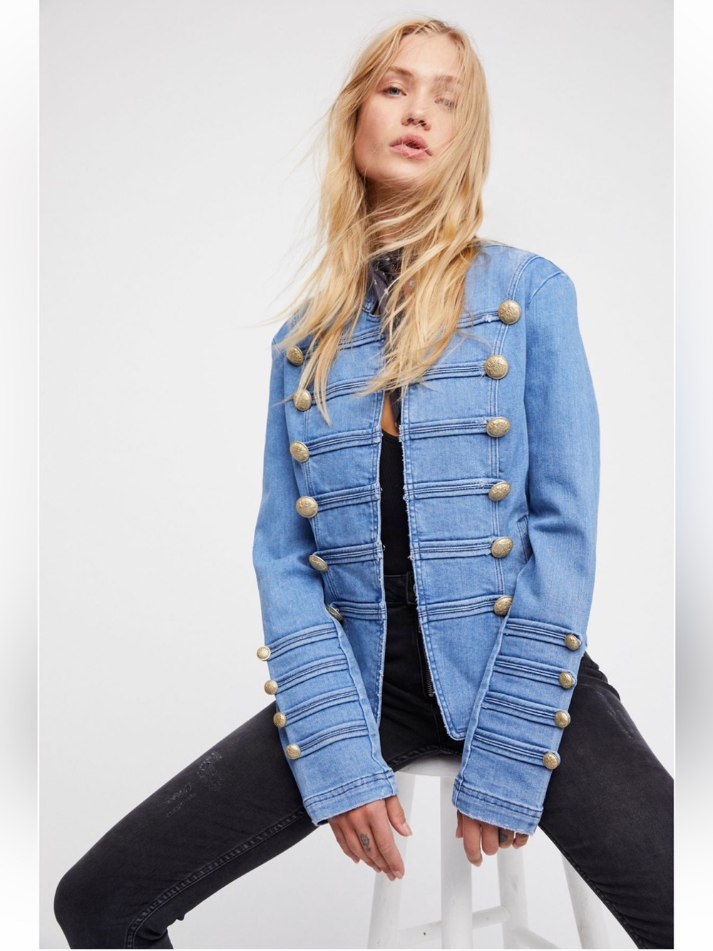 Free People fitted Blue Jean Jacket Indigo with Brass Buttons Military Nautical